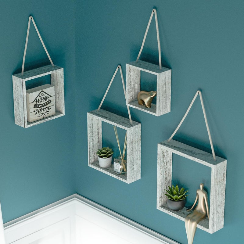 J JACKCUBE DESIGN Floating Hanging Square Shelves Wall Mounted Rustic Wood Cube Display Shelf Shadow Boxes Decorative Boho Home DÃ©cor for Living Room, Bedroom, Office, Set of 4 (White) - MK571C - Image 4